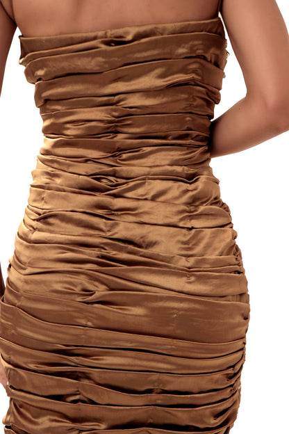 Modo Caldo Brown Gold Embroidered Satin Gown