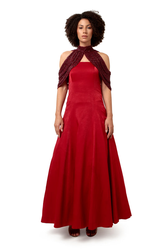 Modo Caldo red velvet satin A line flared gown with straight neck hand embroidery cape collar for evening cocktail wedding wear