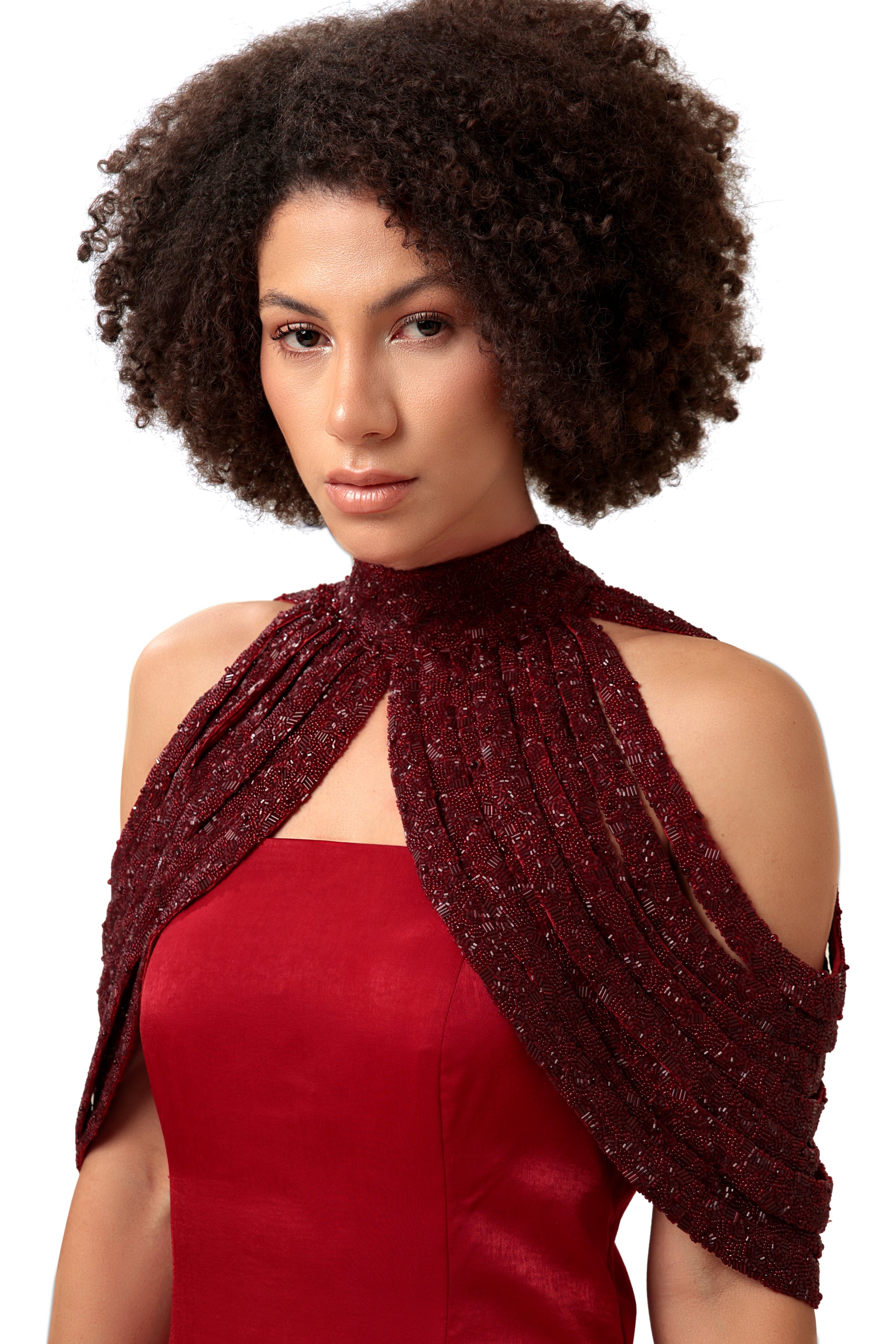 Modo Caldo red velvet satin A line flared gown with straight neck hand embroidery cape collar for evening cocktail wedding wear