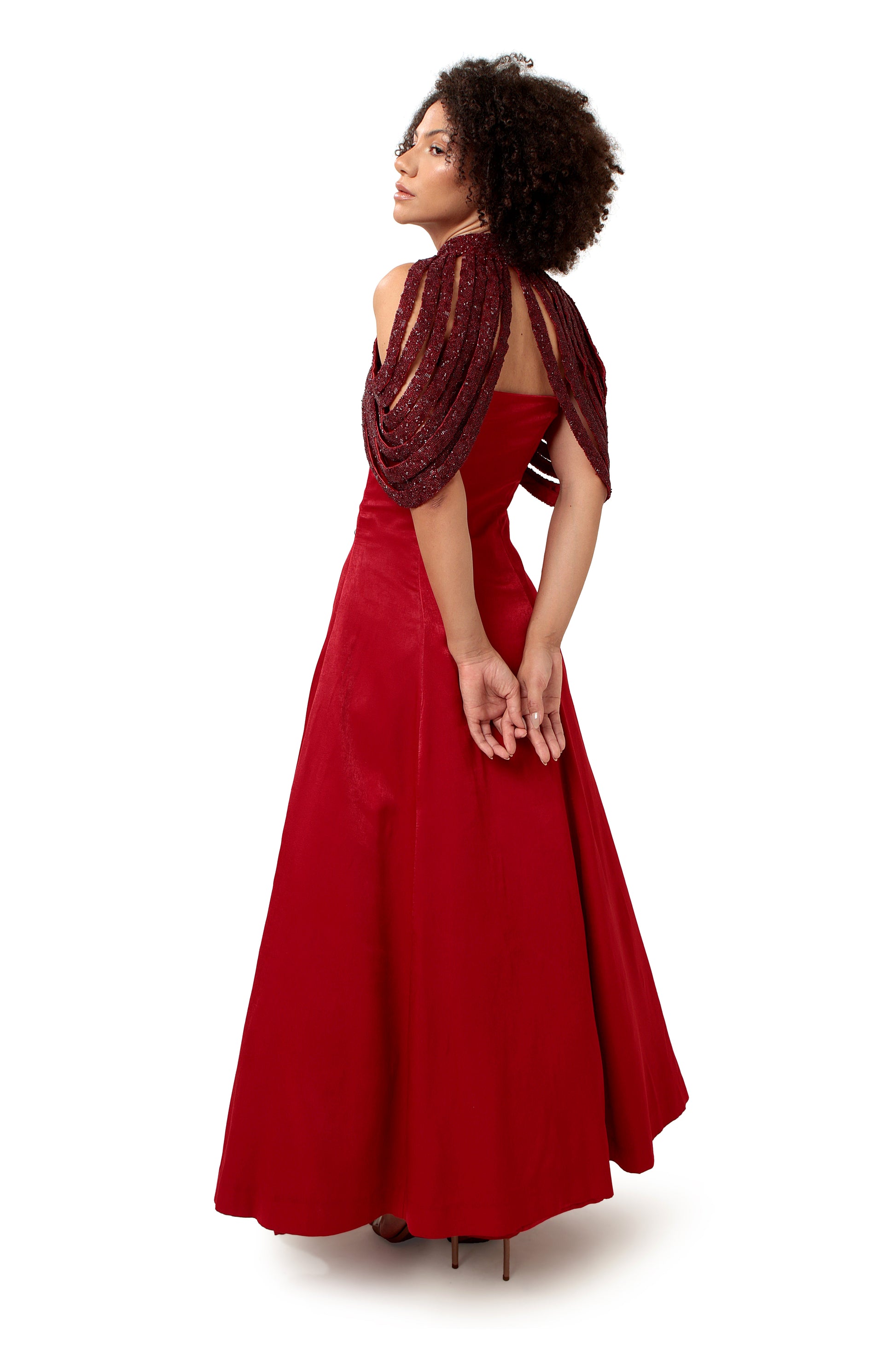 Modo Caldo red velvet satin A line flared gown with straight neck hand embroidery cape collar for evening cocktail wedding wear