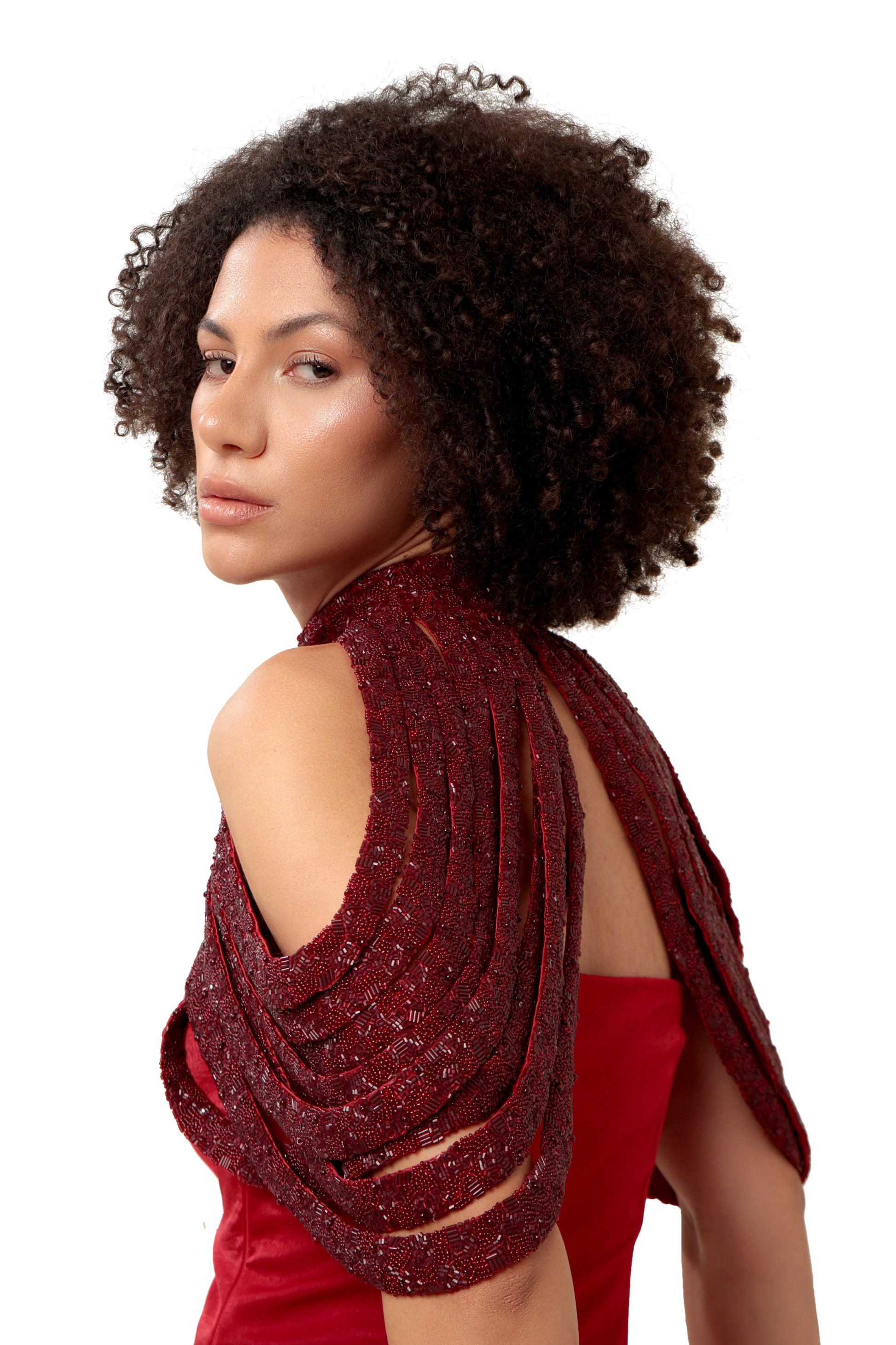 Modo Caldo red velvet satin A line flared gown with straight neck hand embroidery cape collar for evening cocktail wedding wear