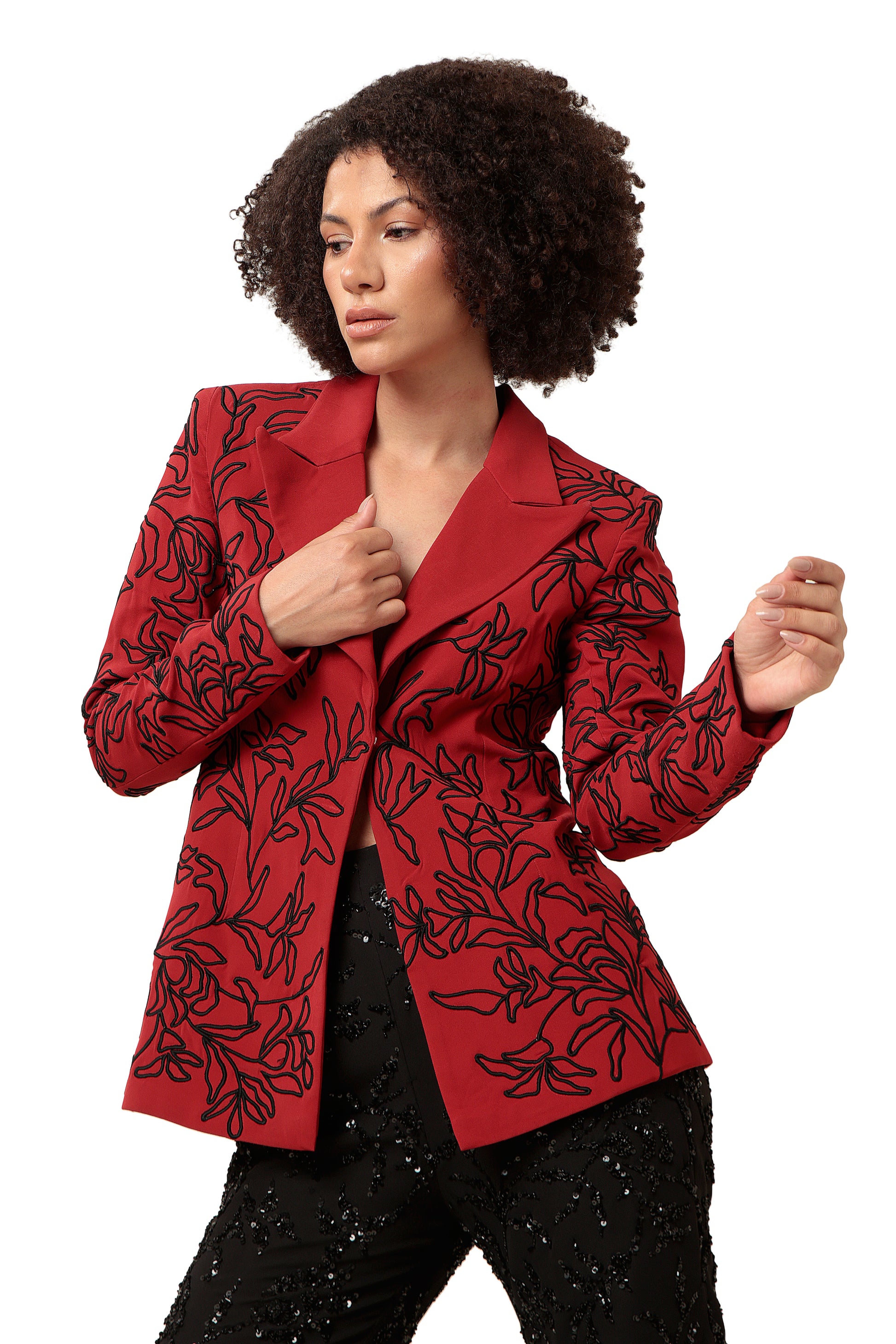 Modo Caldo red slim-fit blazer with padded shoulders and hand embroidery with black embroidered boot-cut pants for formal and evening wear