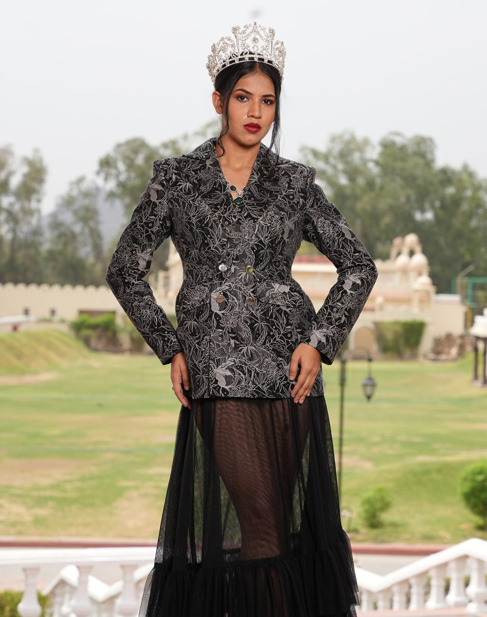 VogueStar pageant winner in Jaipur in a crown, black and silver brocade blazer and sheer black tulle skirt