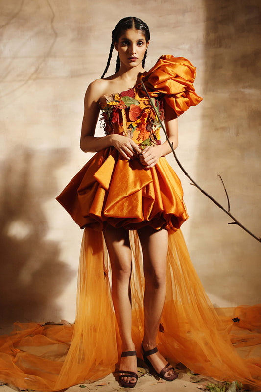 Amber bubble dress with a sculpted shoulder ruffle and a sheer tulle trail