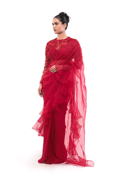 RED FOREVER ETCHED SAREE