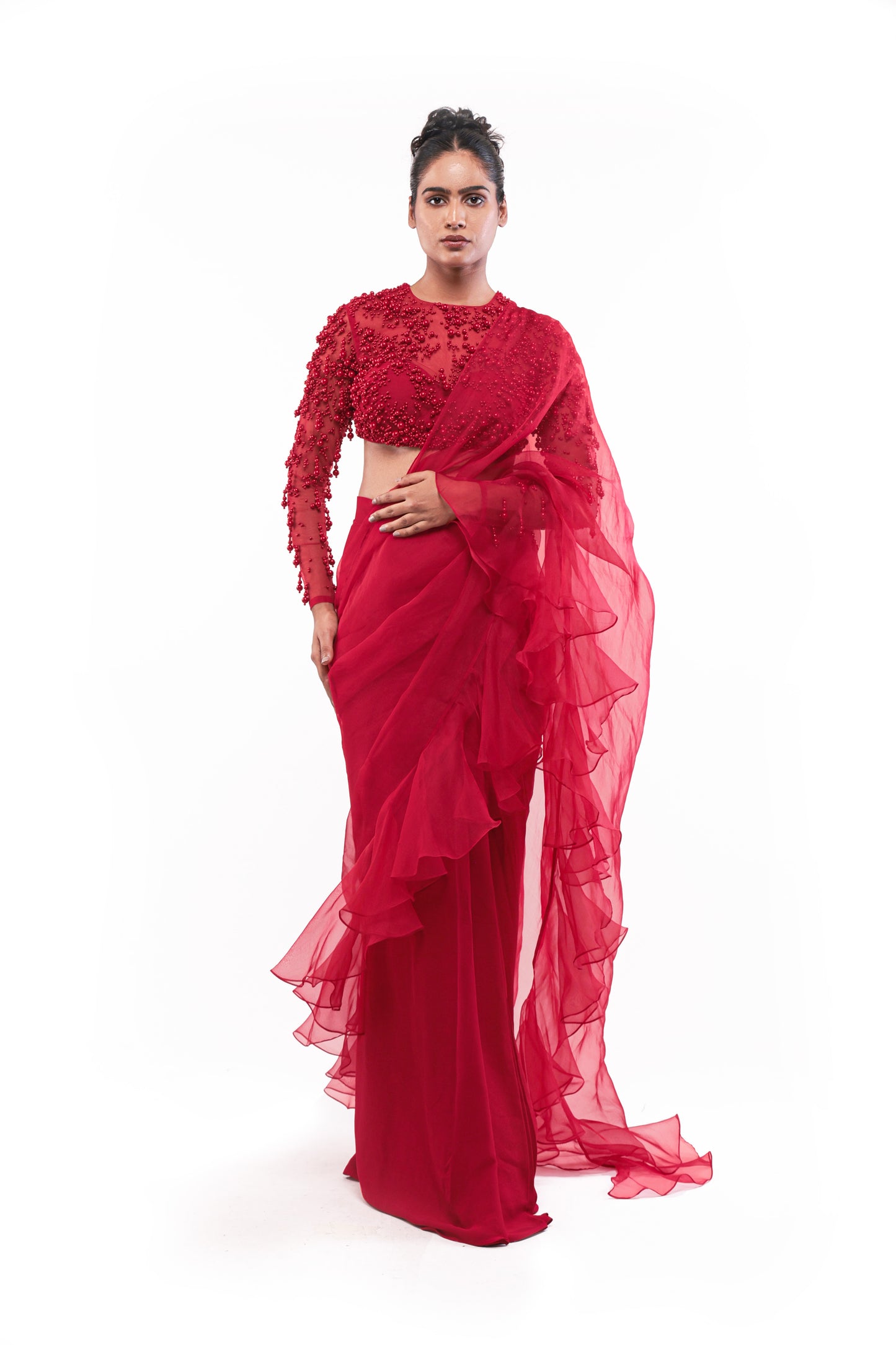 RED FOREVER ETCHED SAREE