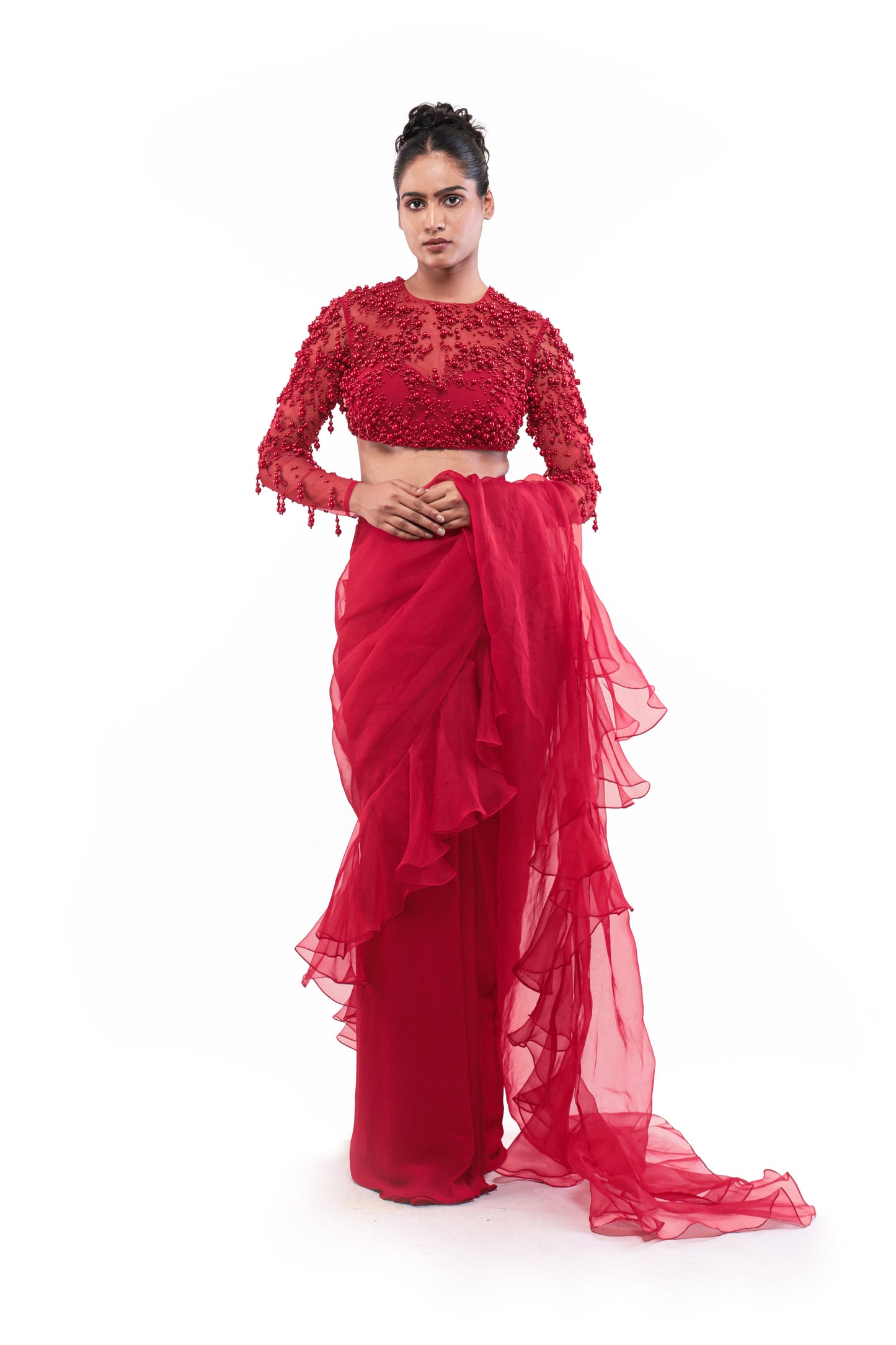 RED FOREVER ETCHED SAREE